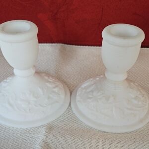 Set Of Vintage Grape Satin Milk Glass Candle Holders By Imperial Glass